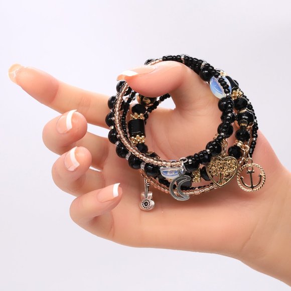 Spectacular black memory wire bracelet with 4 pendants and 6 strands. - Picture 7 of 9